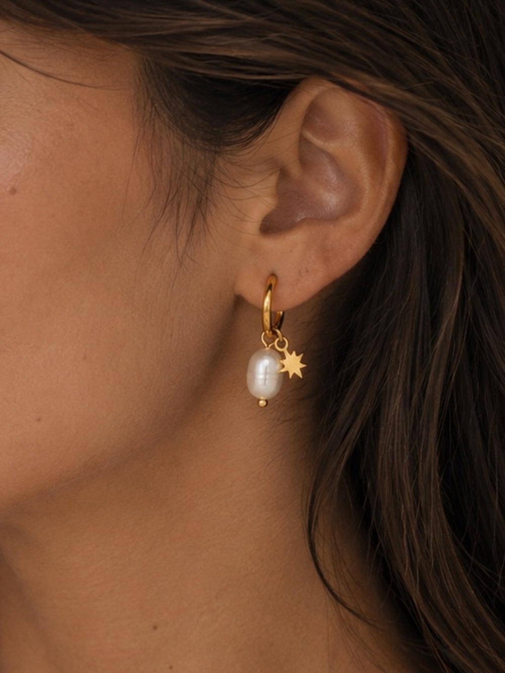 18K Gold Plated Freshwater Pearl Star Charm Hoop Earrings
